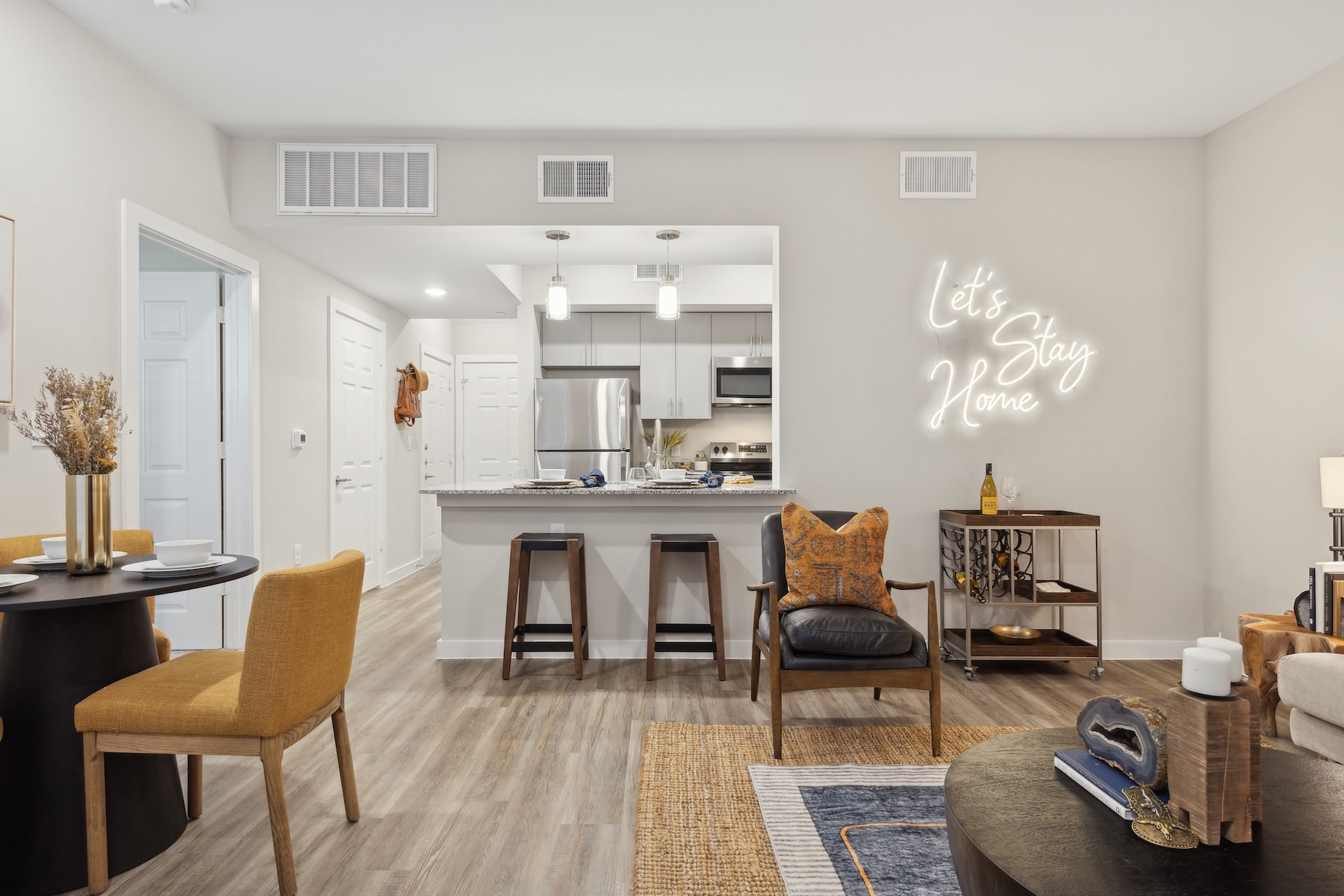 living room with view of a kitchen