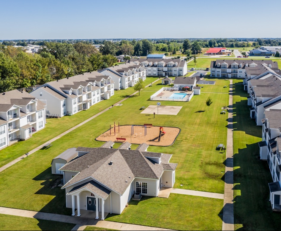 aerial view of apartments and courtyard