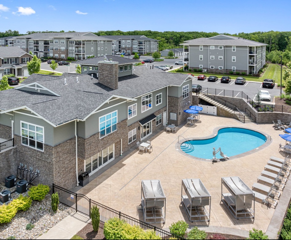 aerial view of apartments and pool